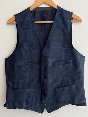 J. CREW Waistcoat Button Front Vest Blue Glen Plaid Check Academia Business